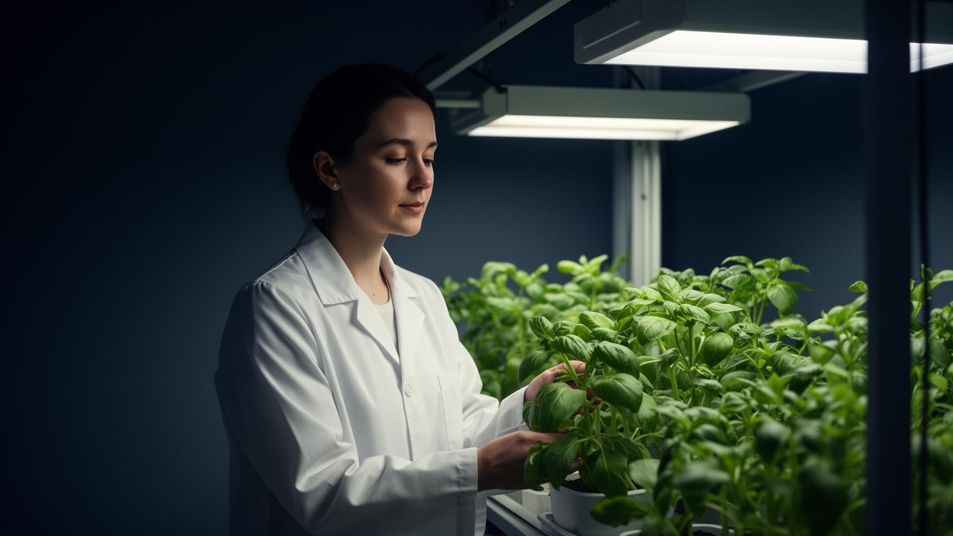 Apex Innotech scientist examining plants in a controlled-light research lab